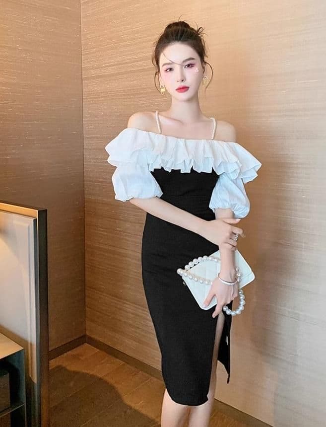 オフショルダー ミディ丈 バイカラー パール キャバドレス