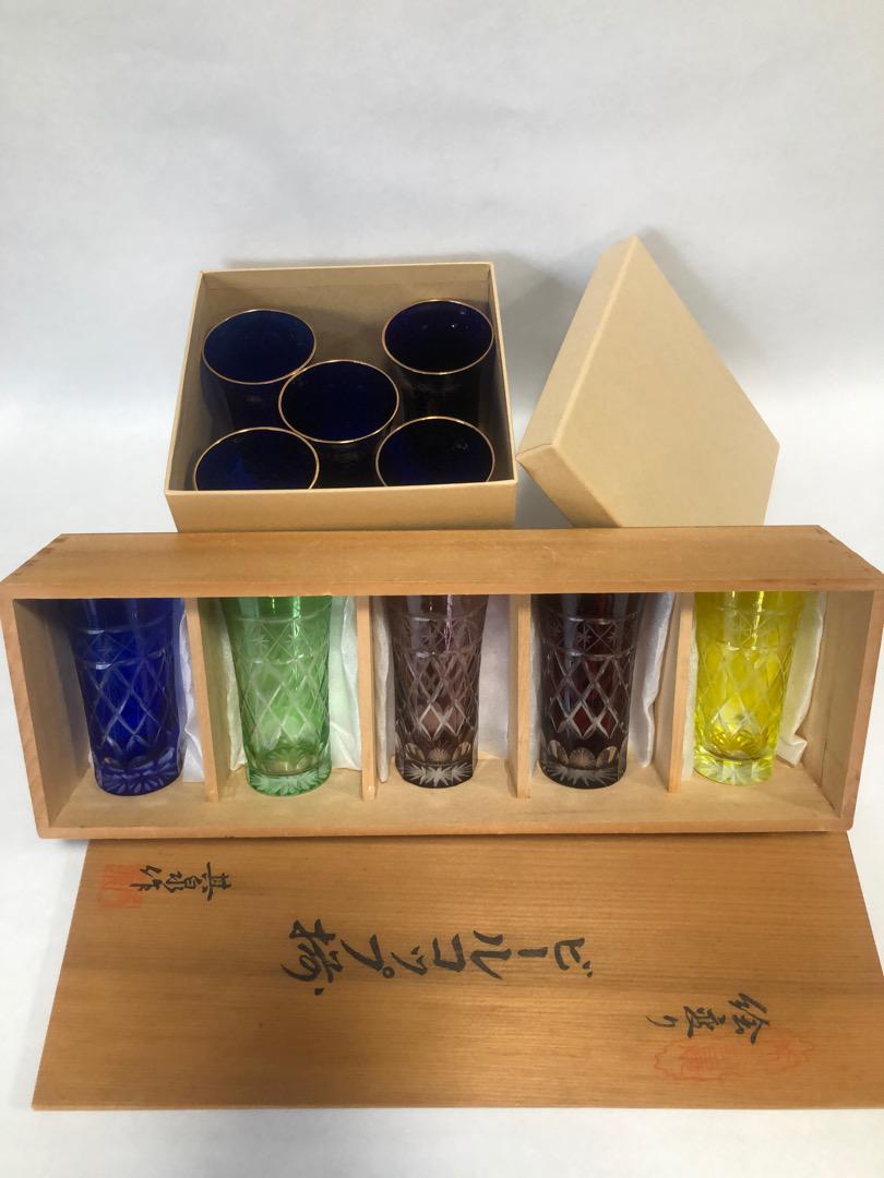 色変わり切子グラス5個　瑠璃ブルーグラス5個の　10個セット　美品