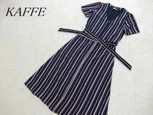 美品　KAFFE　カフェ　リボン　マキシ　シャツワンピース　ネイビー　ストライプ