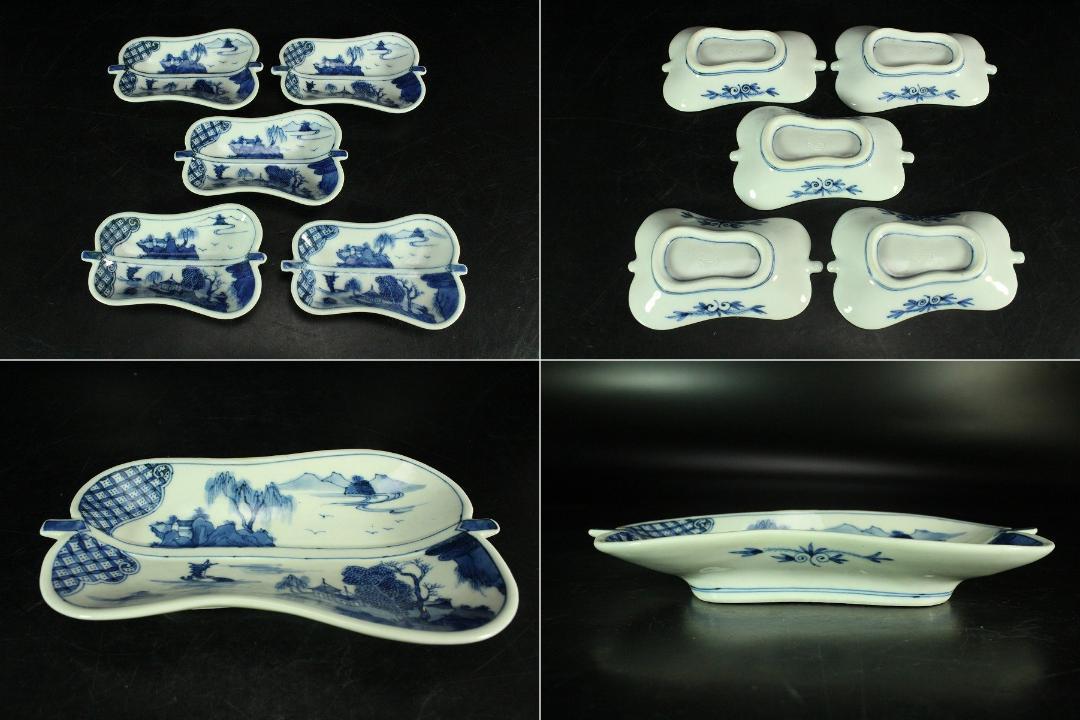 【GINGER掲載商品】 三浦竹泉作 青花山水 メルカリ - 大小五客(K-XA885) 揃い 皿 団扇形 工芸品