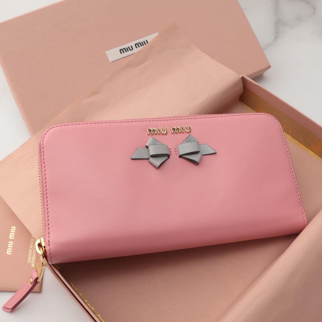 新品未使用 miu miu ピンク リボン長財布 箱付き ミュウ ミュウ