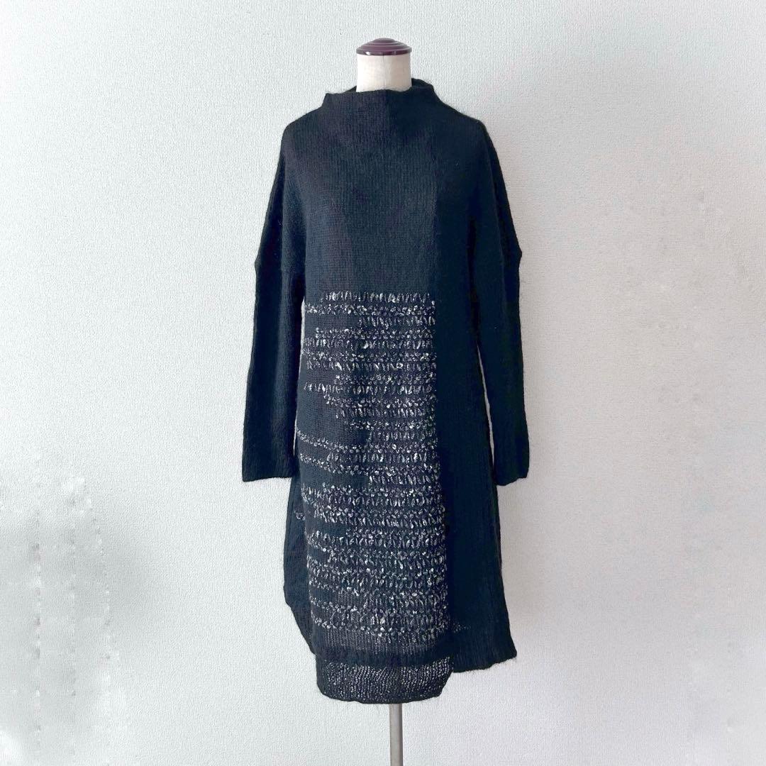 芽風 センソユニコ ニットロングワンピース モヘヤ ブラック アシンメトリーM SENSO UNICO