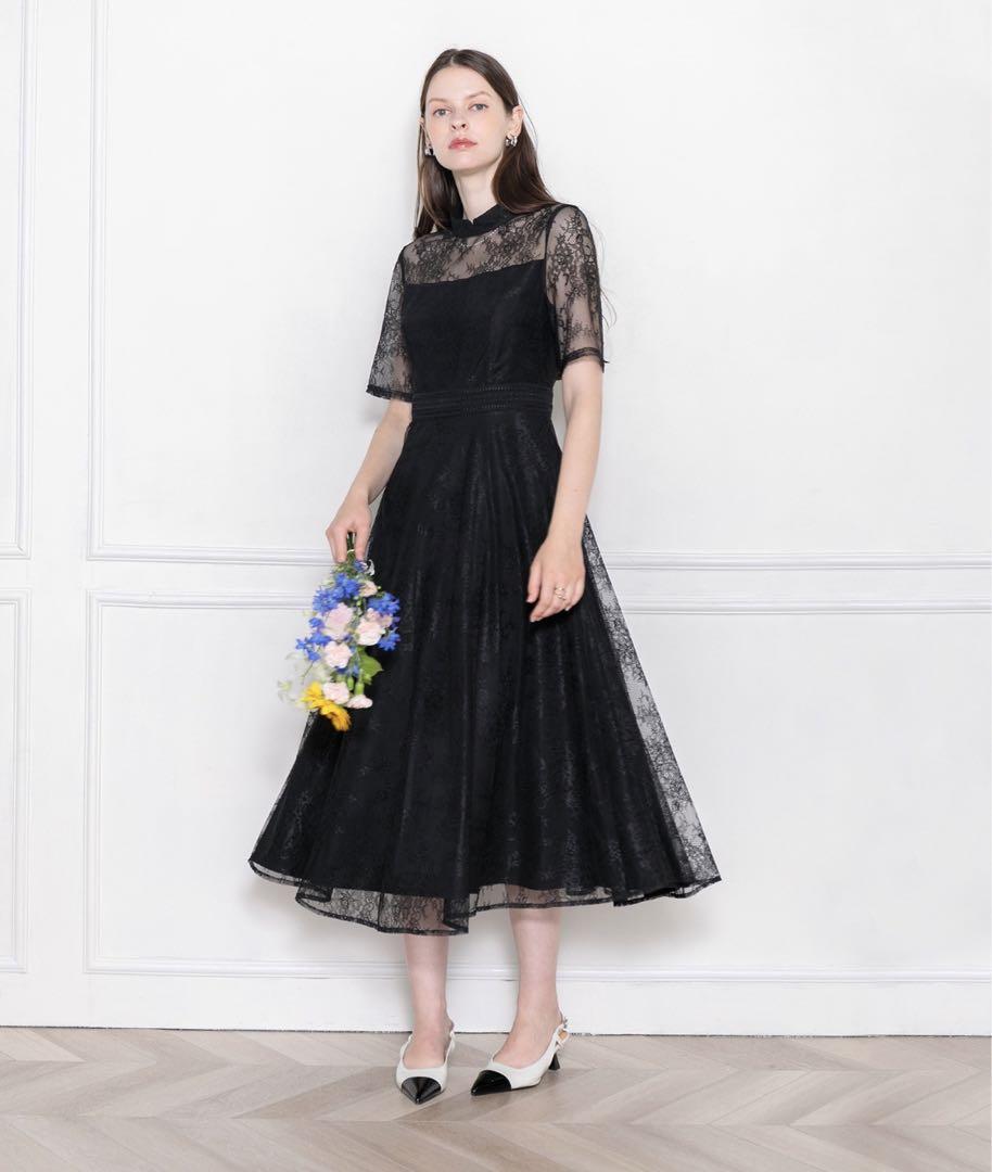 【LEJA】ハイネック花柄レースウエストマーク透けロングドレスワンピース美脚効果