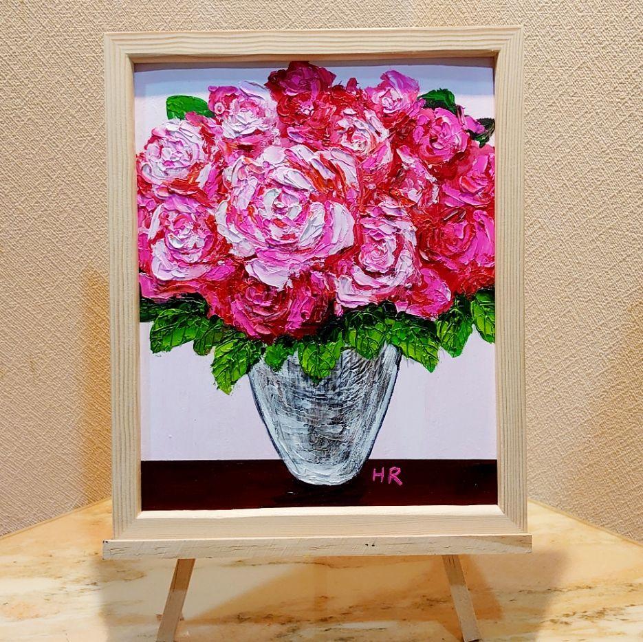 油絵 絵画【ピンク薔薇】【6切】
