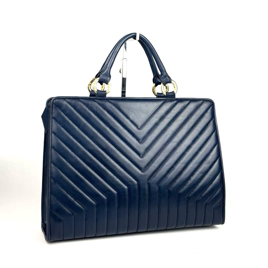 【美品】イヴサンローラン　ハンドバッグ　YSL　キルティング　レザー　ネイビー
