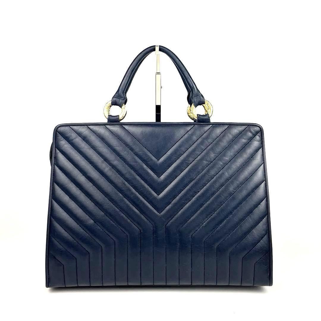 【美品】イヴサンローラン　ハンドバッグ　YSL　キルティング　レザー　ネイビー