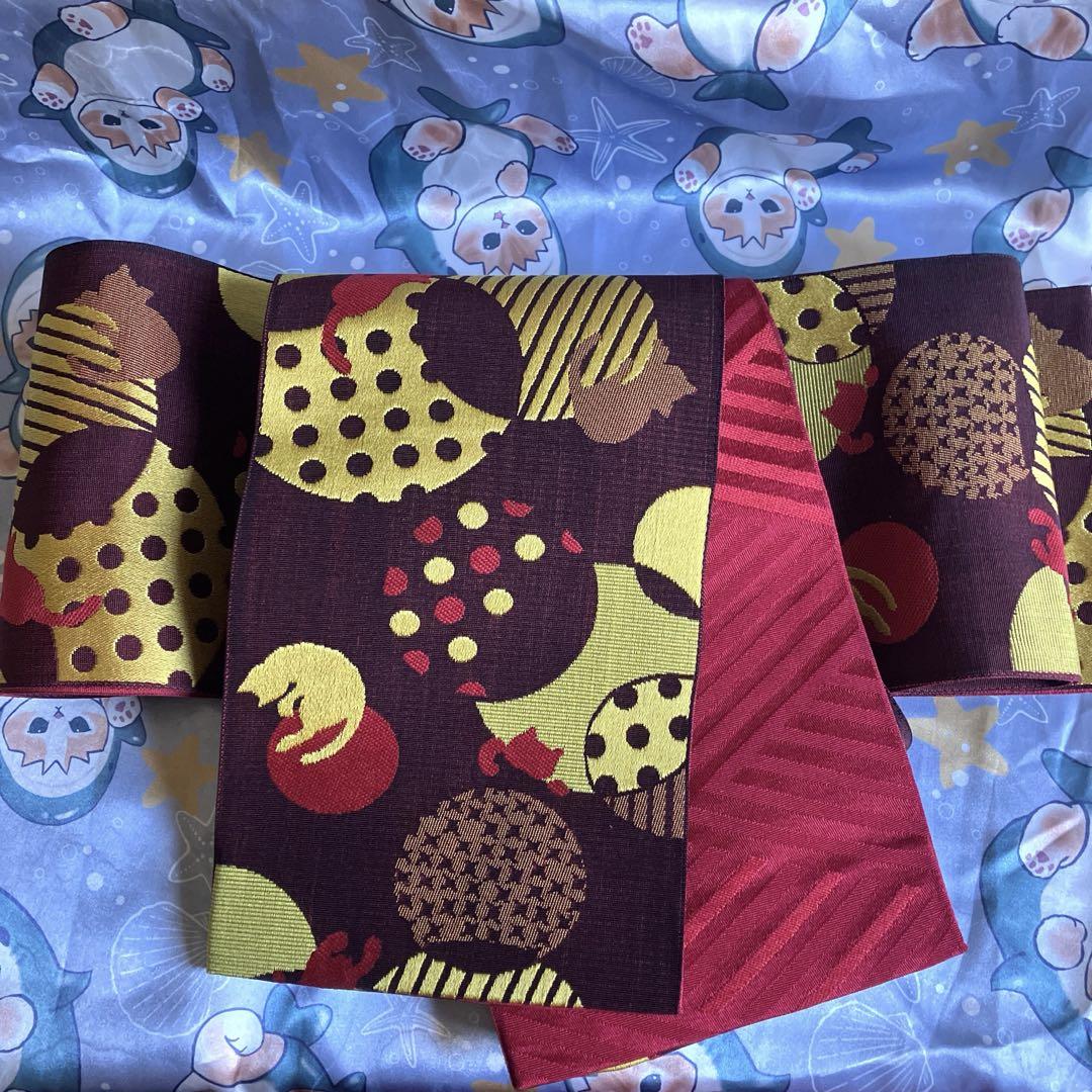 ☆新品☆ 猫柄　半幅帯　正絹　長尺