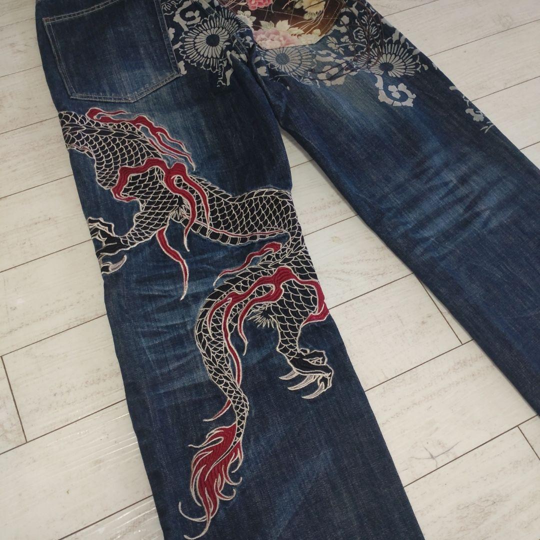 ☆satori☆サトリ黒龍/和風/花/刺繍 デニム ジーンズ インディゴ ☆satori☆サトリ黒龍/和風/花/刺繍 デニム ジーンズ インディゴ