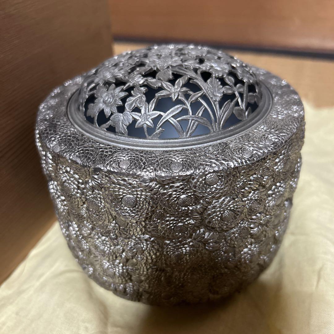菊華　香炉　伝統工芸　佐野宏采　高岡銅器　桐箱　銘入　刻印