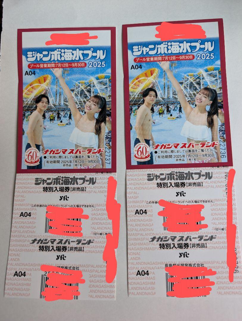 ナガシマスパーランド　ジャンボ海水プール　入場券　２枚