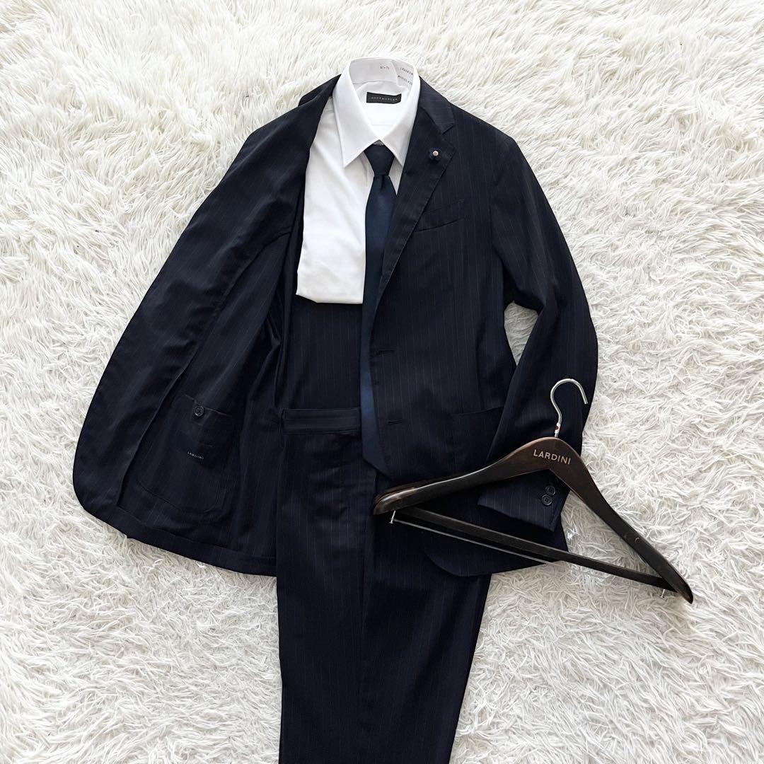 極美品> LARDINI easy wear グレー ウール スーツ 44