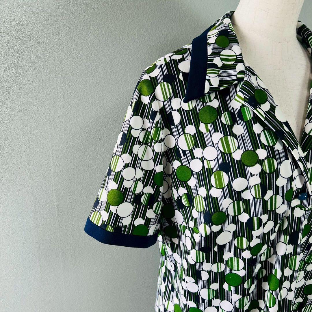 70s 幾何学模様 ドット柄 ストライプ 半袖 ロングシャツワンピース N657 70s 幾何学模様 ドット柄 ストライプ 半袖 ロングシャツワンピース N657