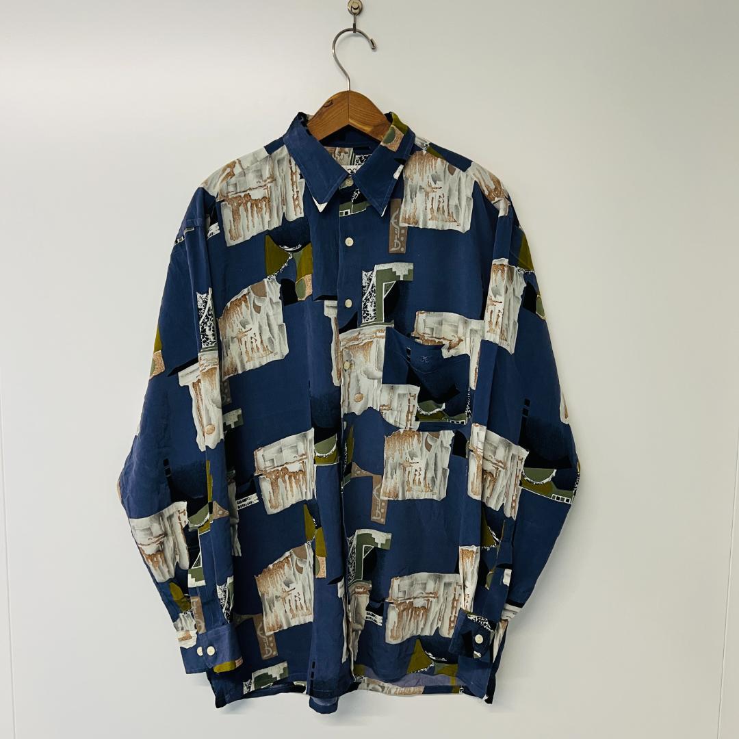 90's 菅田将暉 奇抜 ポリシャツ 総柄シャツ 幾何学 個性的 レトロ