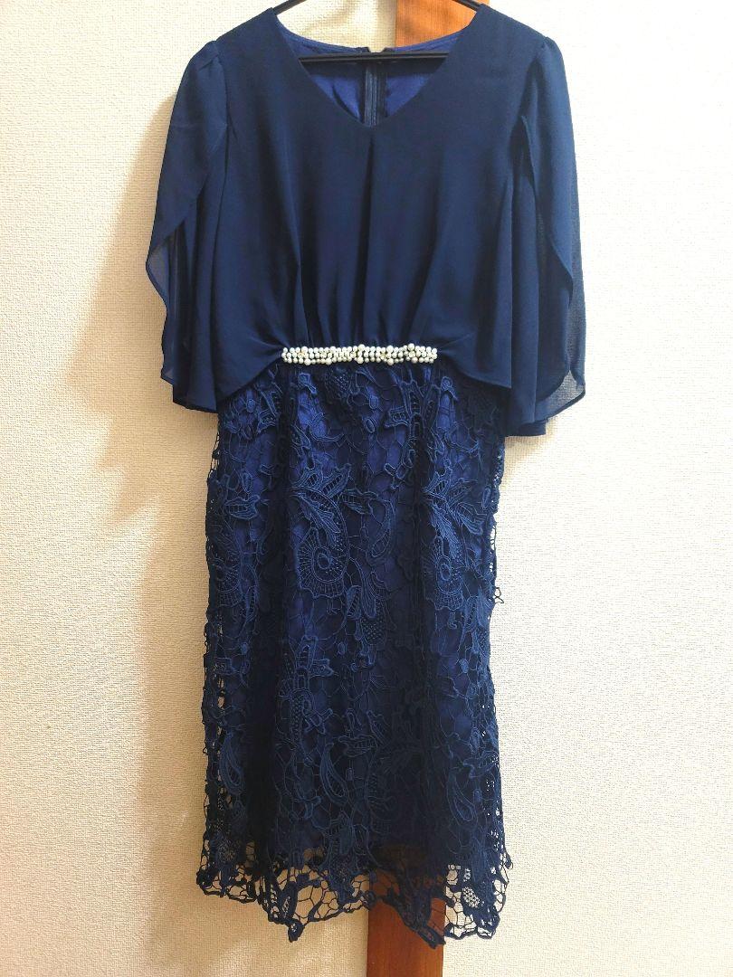 ネイビー シフォン レースドレス