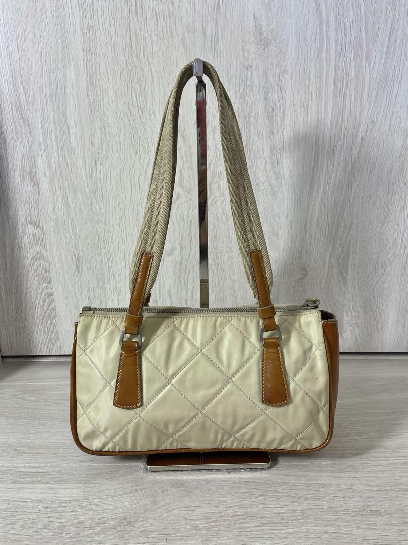 PRADA トートバッグ　ナイロン　三角ロゴプレート　レザー　アイボリー　茶色