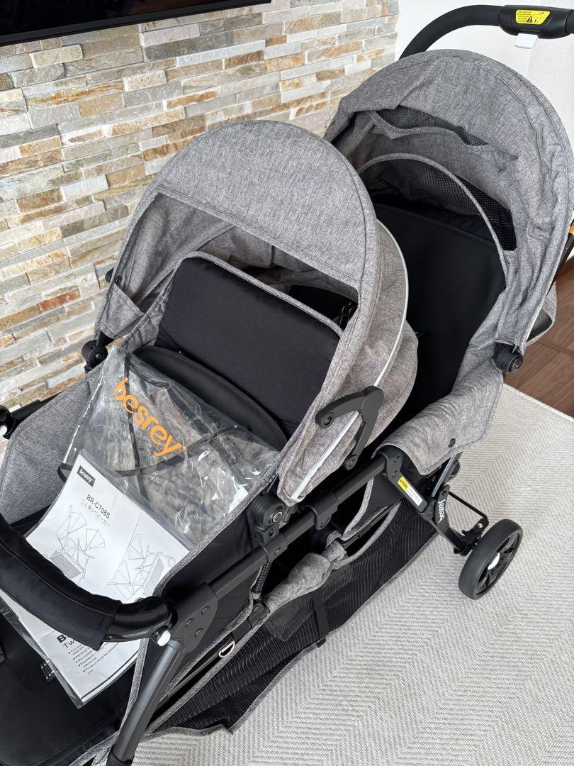 ほぼ未使用 双子 二人乗り besrey ベビーカー 縦型 新品 レインカバー