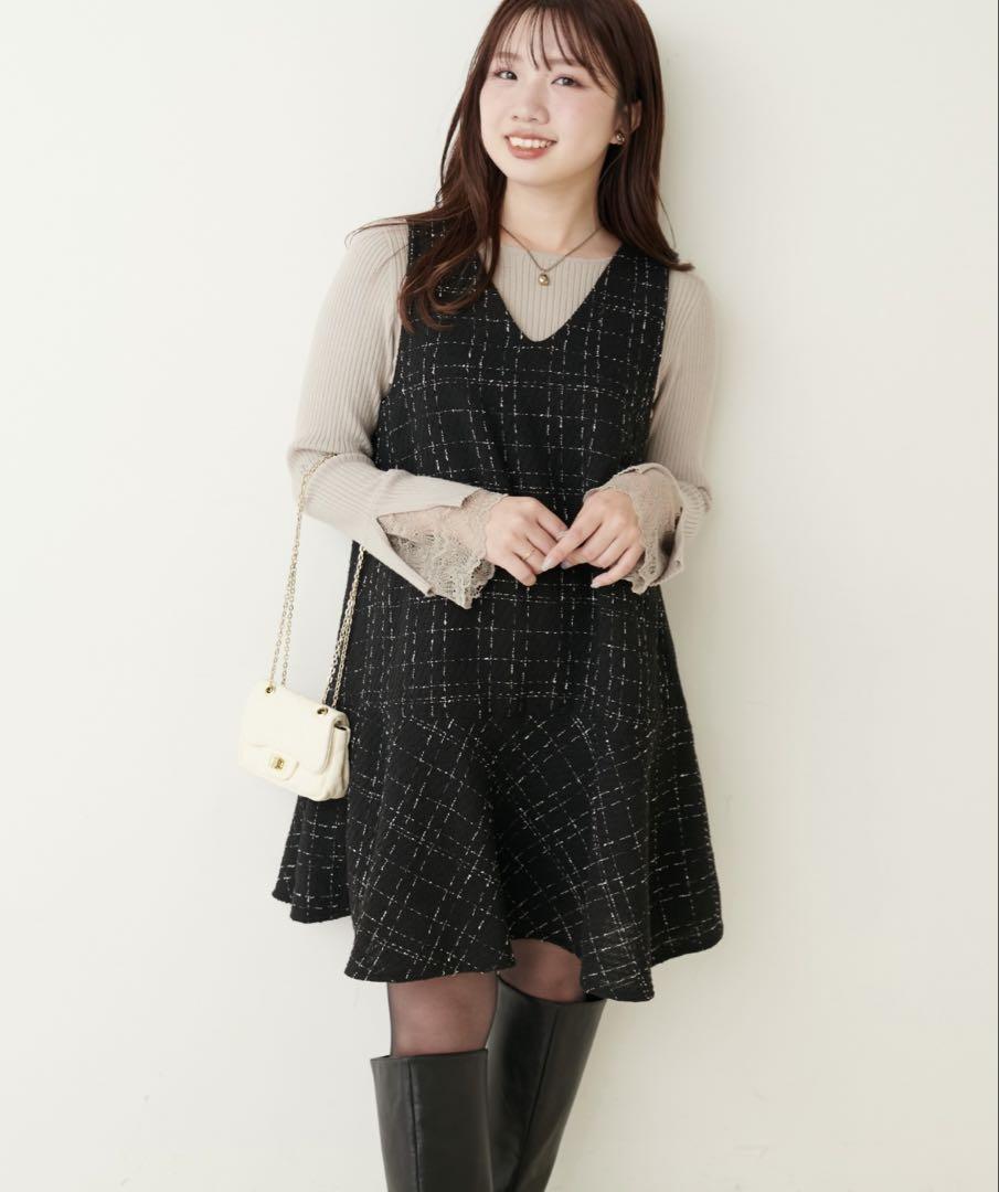 【natural couture】 ツイードチェックミニワンピース