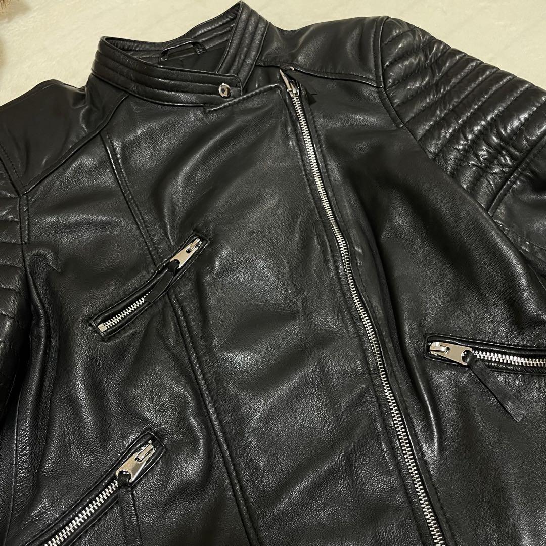 美品 ZARA ザラ ノーカラー ライダースジャケット ラム シープレザー L｜レディース