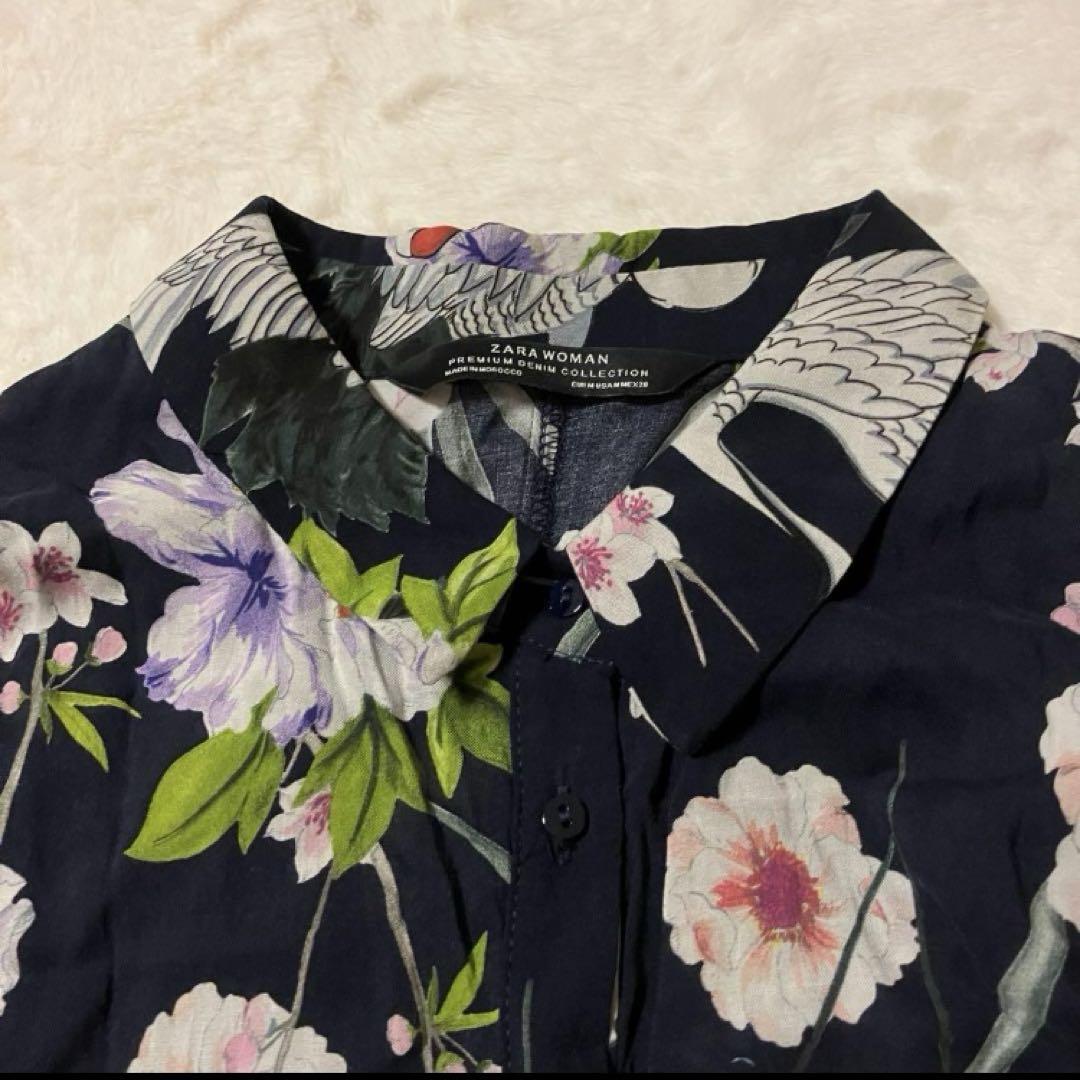 ZARA 鶴柄 花柄 ワンピース シャツ ロング マキシ 半袖 ザラ