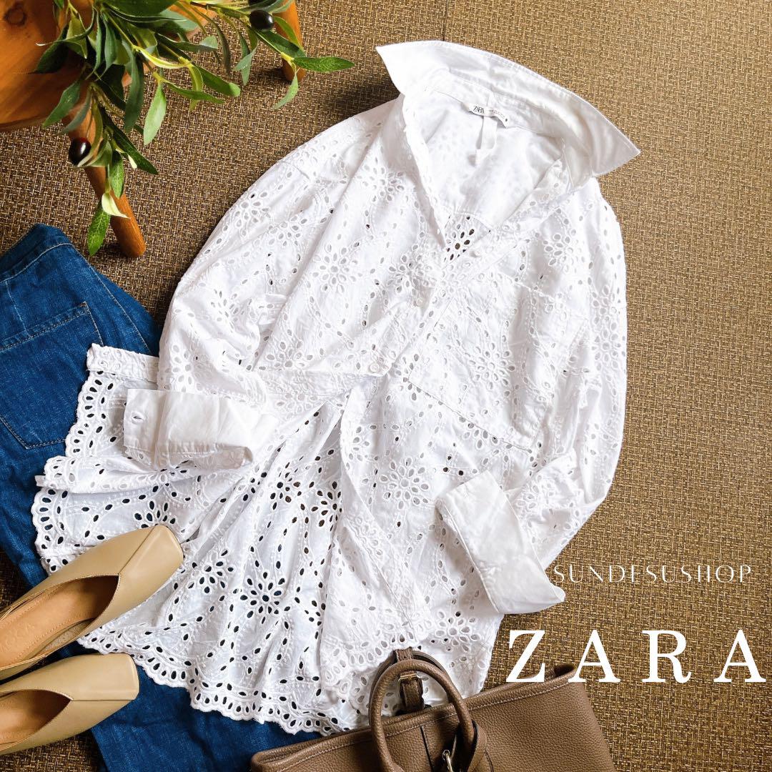 ZARAザラ　刺繍カットワーク　ロングシャツ　レース　総柄　白　XL相当　長袖
