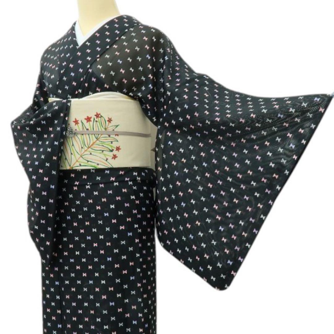 ハチコ様✺美品 洗える夏着物 誂えポリエステル 蝶 薄物 小紋