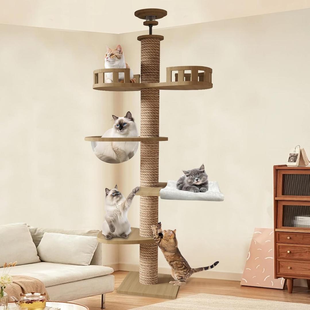 人気商品！おしゃれ キャットタワー 突っ張り 木製 キャットツリー 木登りタワー