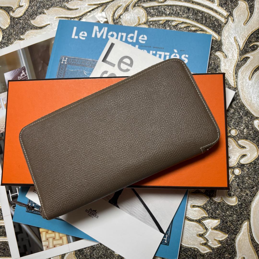 【美品 D刻印】 エルメス エトゥープ アザップ ロング シルクイン 長財布