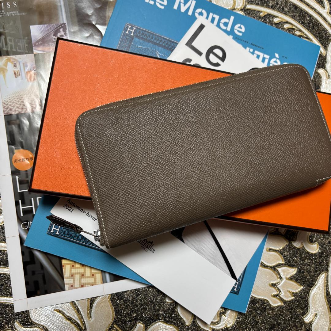 【美品 D刻印】 エルメス エトゥープ アザップ ロング シルクイン 長財布