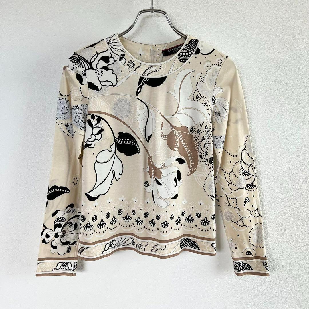 M レオナール 長袖ブラウス Tシャツ 花柄 ボタニカル ベージュ コットン