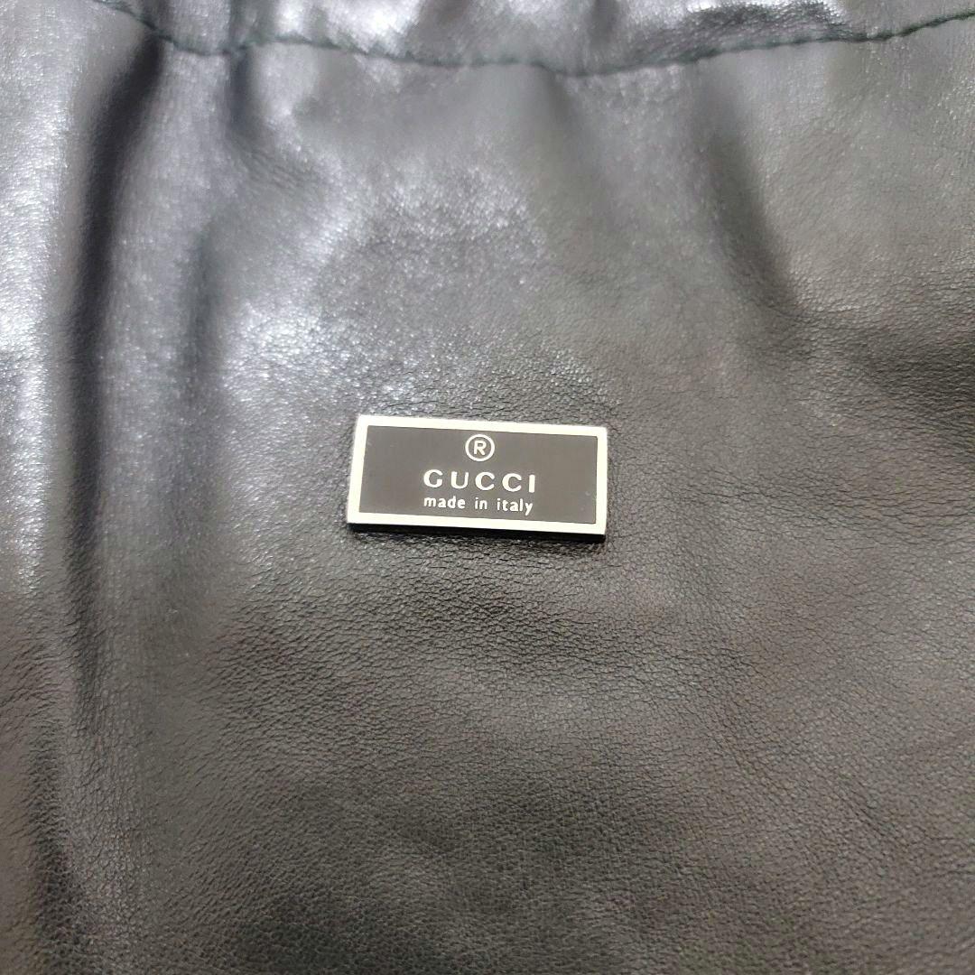 美品 GUCCI オールレザー 巾着 ショルダーバッグ ロゴプレート ブラック
