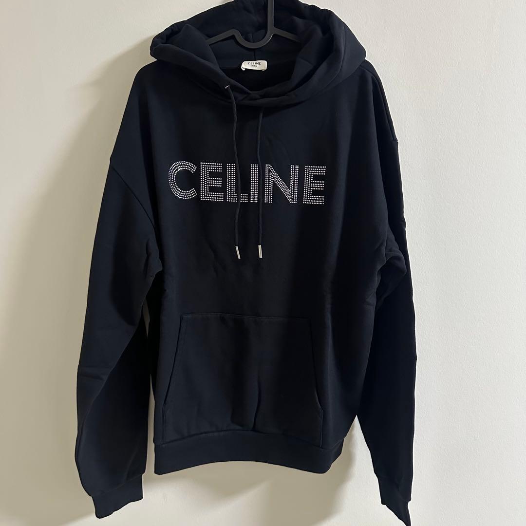 23SS CELINE ラインストーン ロゴ フーディー パーカー 黒 XL