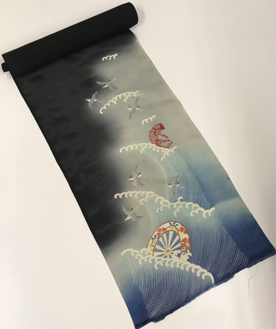 ◆おふく◆アンティーク　絽の黒留袖　反物　波に鳥　夏着物　レトロ　リメイク　材料