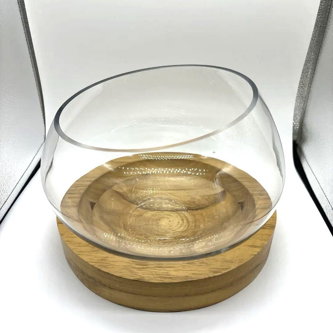クリアガラスボウルと木製専用プレート フルーツボウル グリーンインテリア 美品