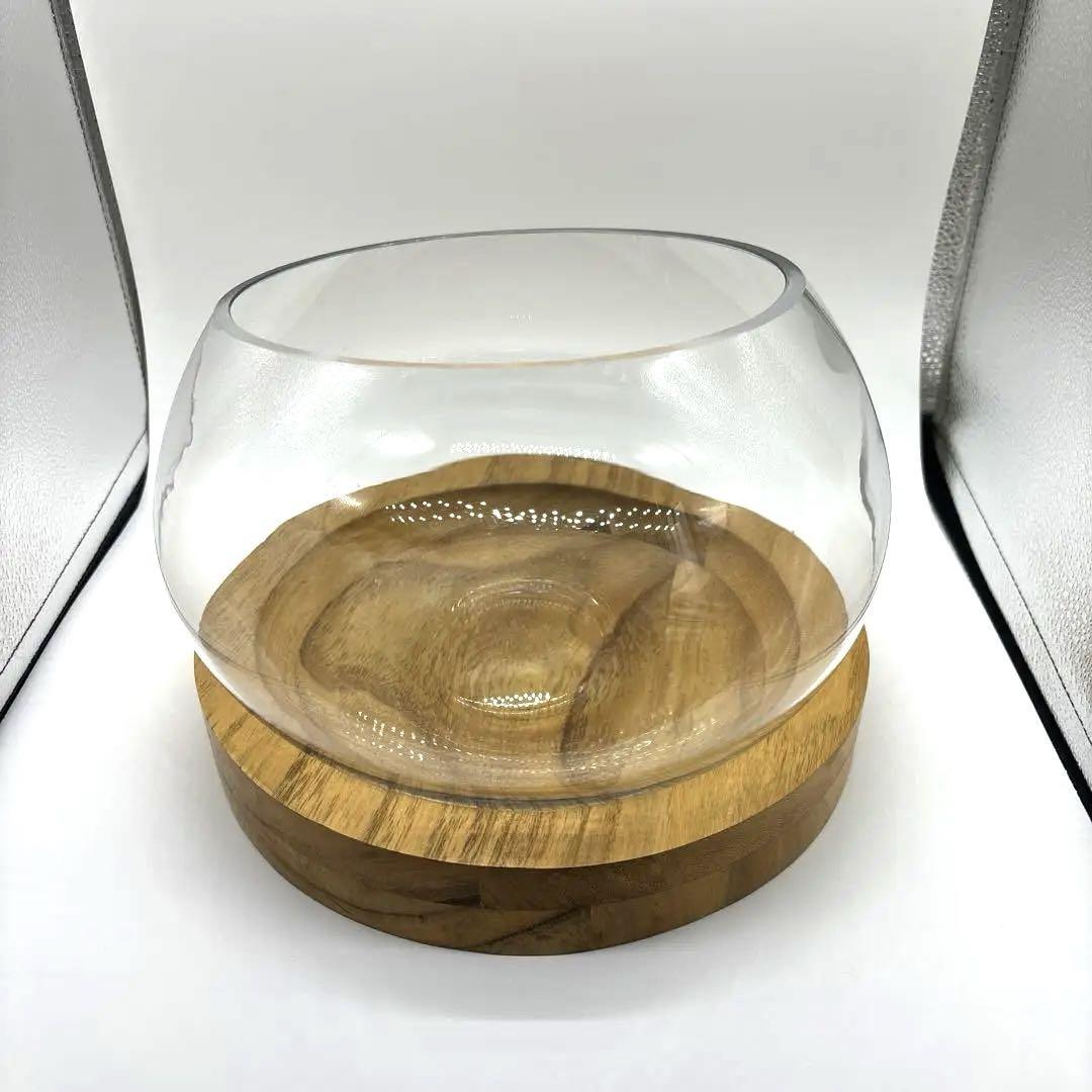 クリアガラスボウルと木製専用プレート フルーツボウル グリーンインテリア 美品