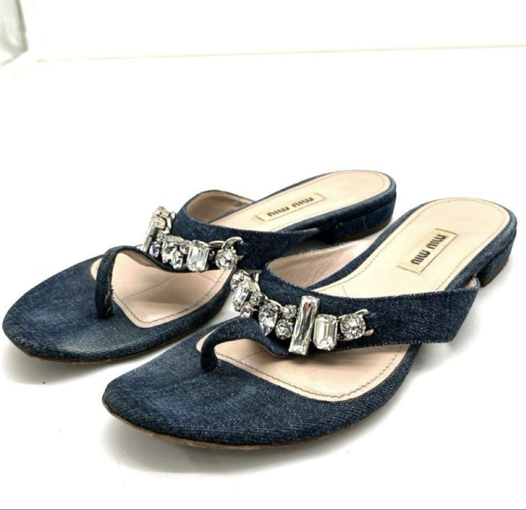 特価ブランド MIU MIU ミュウミュウ サンダル デニム ビジュー 36.5 - メルカリ 靴