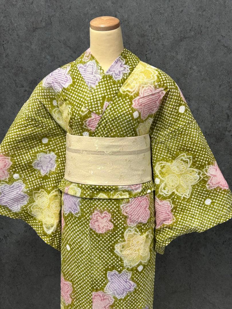 CLY-1 有松鳴海絞り 浴衣 絞り浴衣 菜種油色 桜 裄丈長め 美品 CLY-1 有松鳴海絞り 浴衣 絞り浴衣 菜種油色 桜 裄丈長め 美品