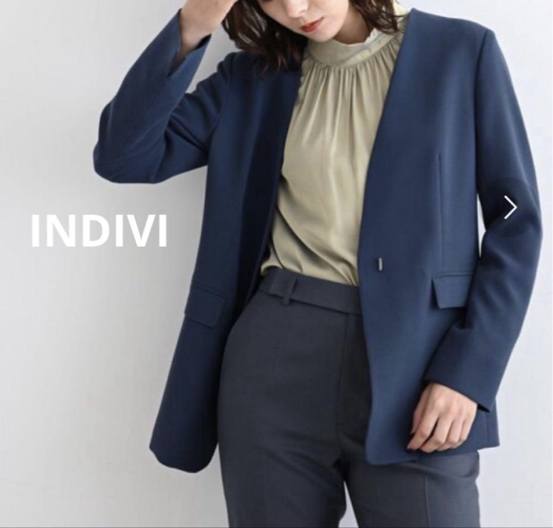 【試着のみ】INDIVI インディヴィ ストレッチノーカラージャケット 40