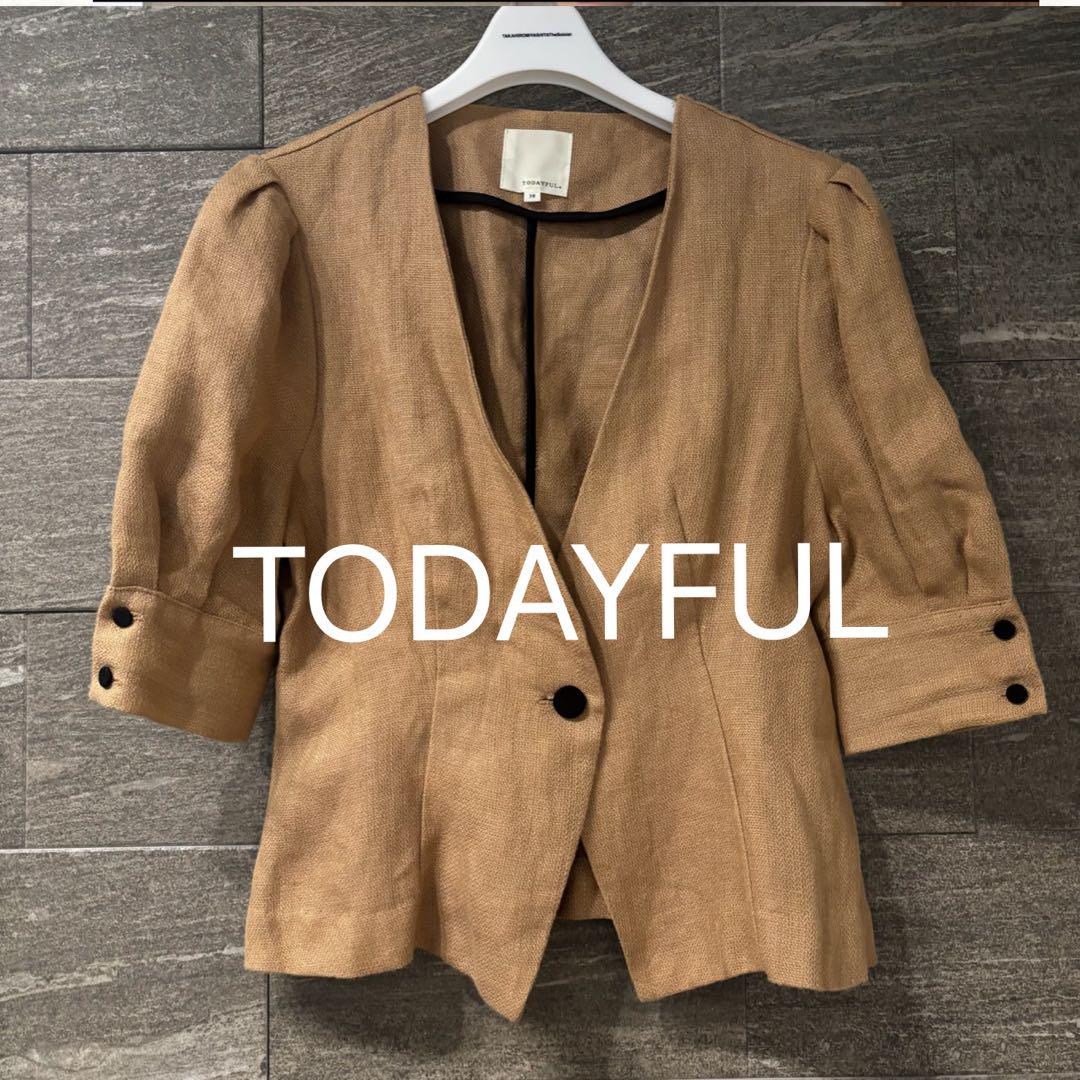 美品 TODAYFUL リネン カラーレス ジャケット ブラウン 36 美品 TODAYFUL リネン カラーレス ジャケット リネンジャケット