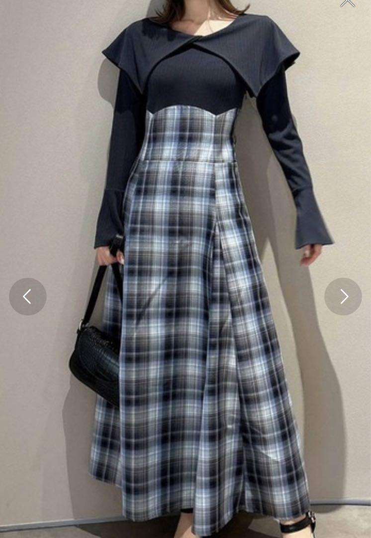 dazzlin ビッグカラーチェックコルセットワンピース ネイビー