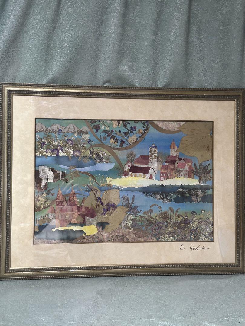 Kazuyo.Yosida 布貼り 植物画　葉　美術品　絵画　クロアチア風景画