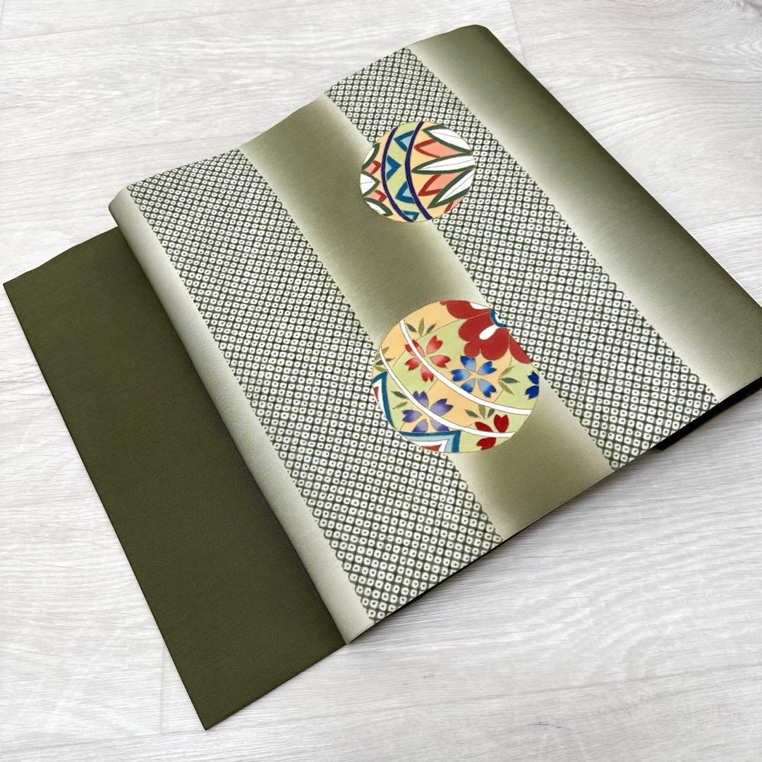 名古屋帯 塩瀬 絞り柄の横段模様 可愛い鞠 九寸 正絹 着物 RO-3849