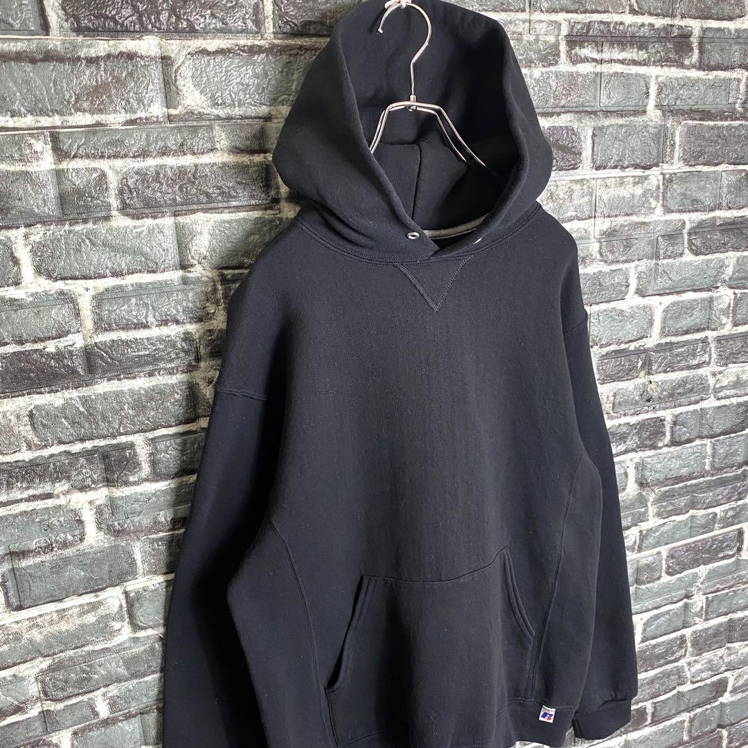 ラッセル☆スウェットパーカー 古着 無地 プレーン ブラック 黒 M hf2