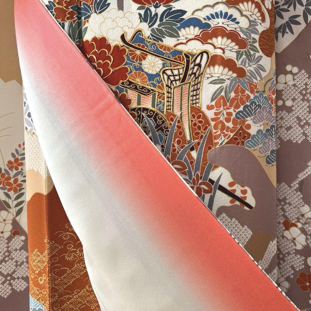 257 振袖フルセット 正絹 くすみ 薄紫 白 橙 金彩 駒刺繍 古典