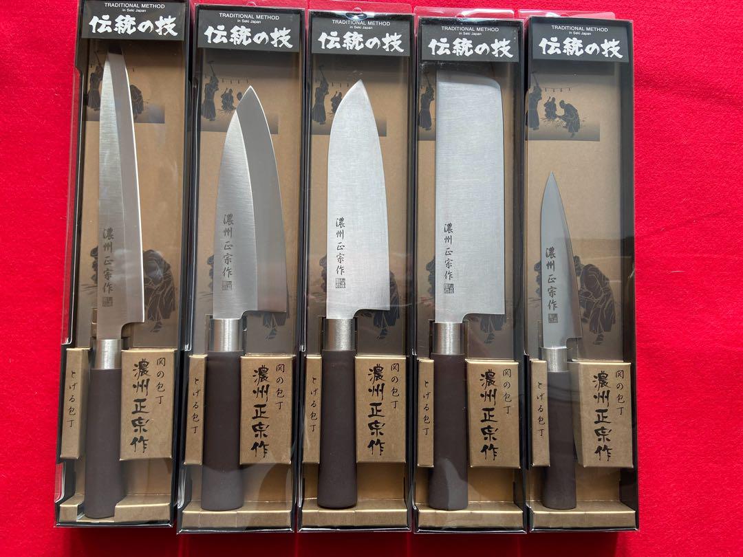 ☆送無料・関包丁5本セット・刺身+出刃+菜切+三徳・ペティ・濃州正宗作・柄部PP
