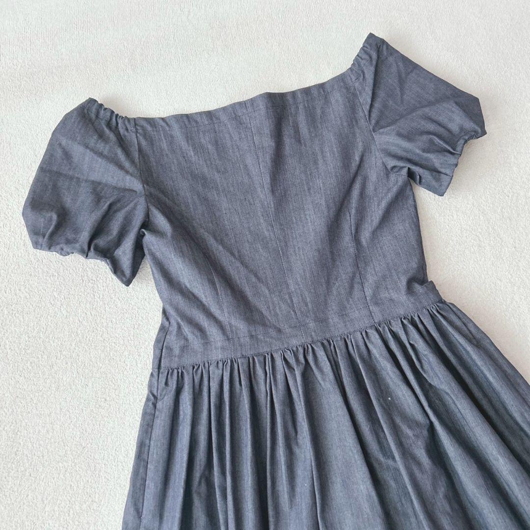 極美品✨現行タグ プラダ パフスリーブロングフレアワンピース デニム インディゴ