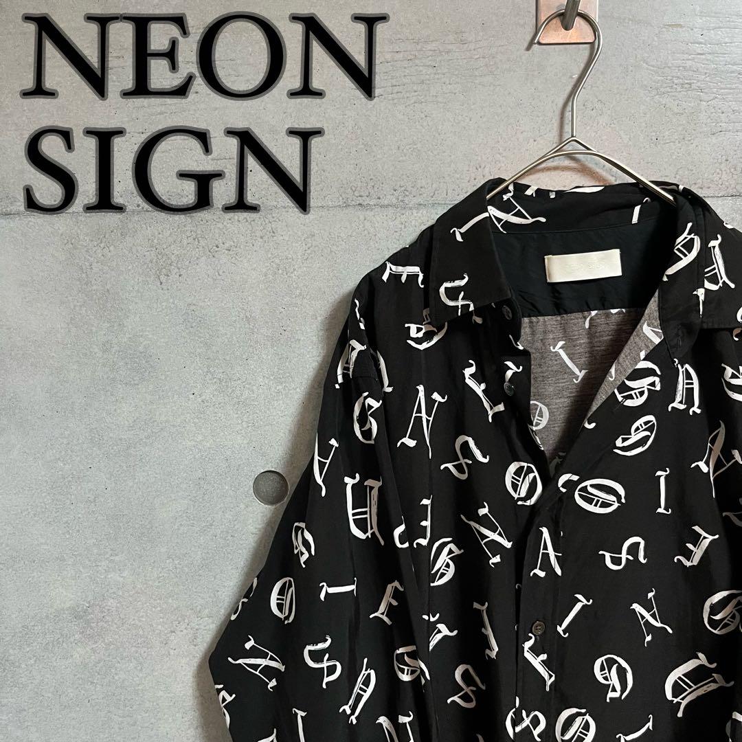 NEON SIGN 総柄 オープンカラー レーヨン シャツ 黒
