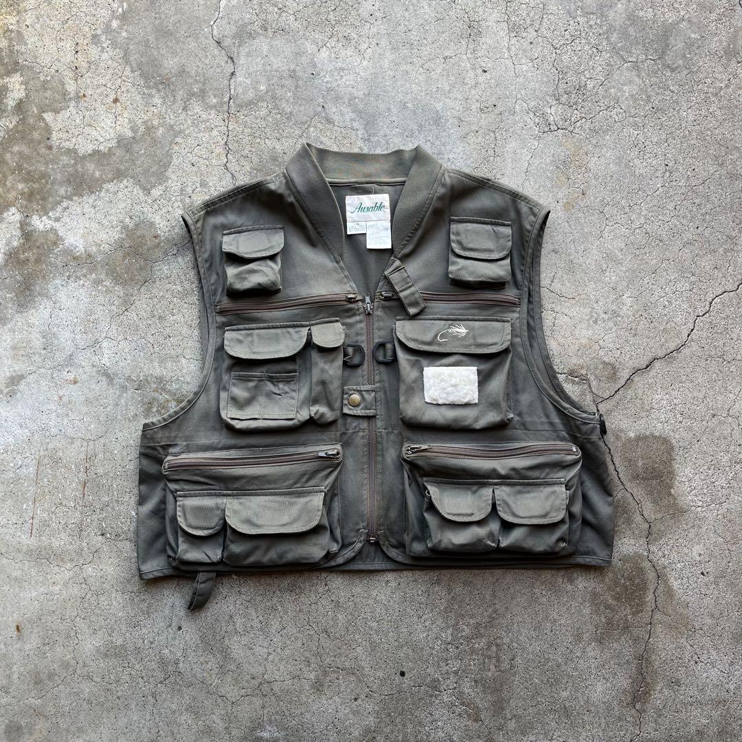 90’s 00’s 古着 フィッシングベスト グレーカーキ メンズ L