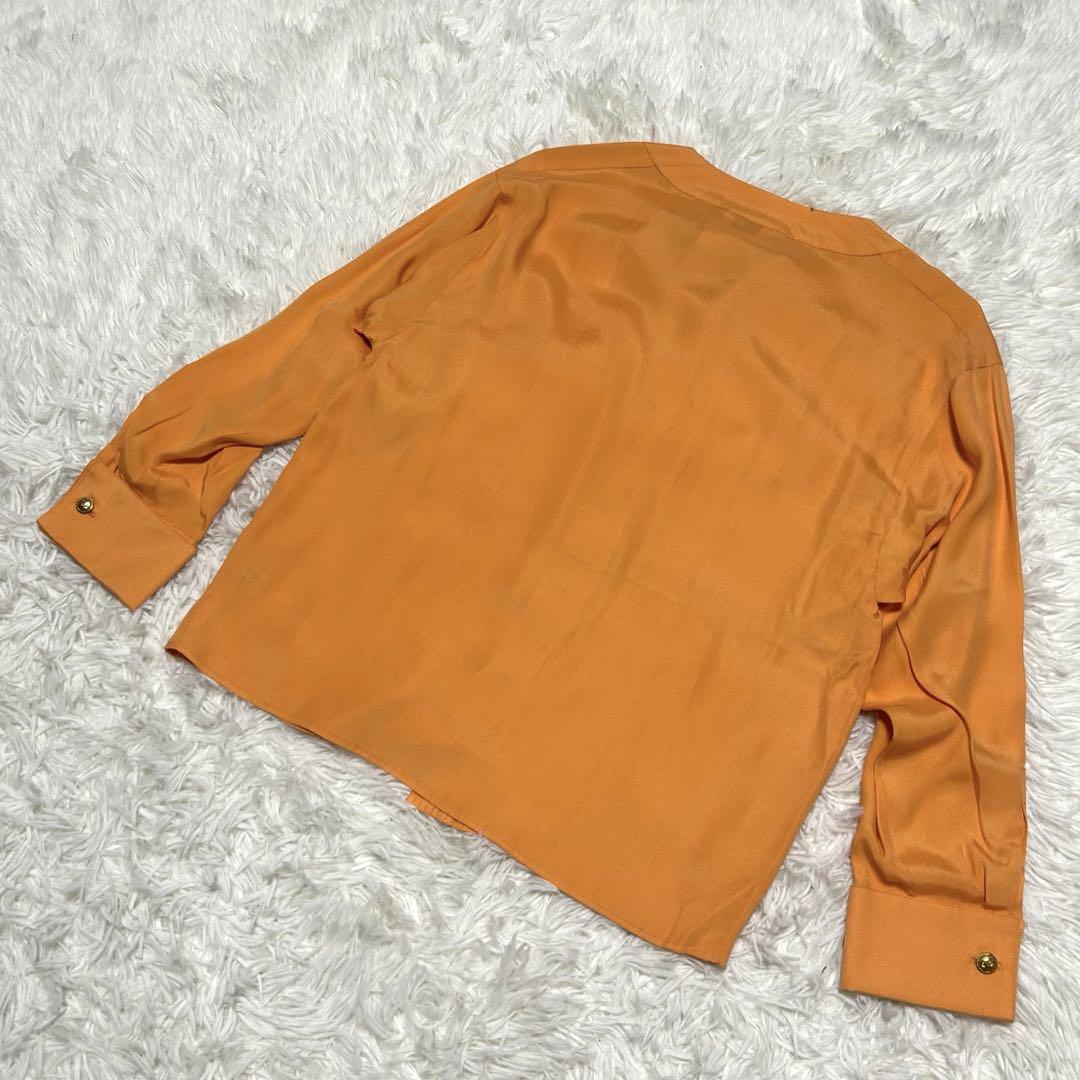 極美品 シャネル 長袖シャツ 40 オレンジ系 シルク ノーカラー
