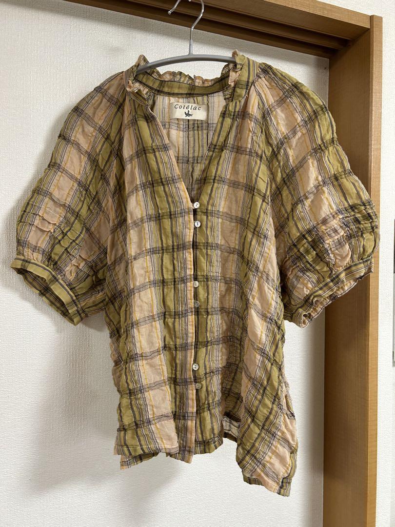 Cotélac グリーン系チェック 半袖シャツ