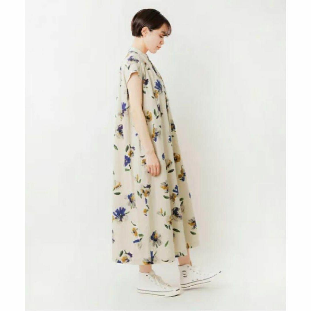 新品タグ付　グランマママドーター　リネン混ロングワンピース　バンドカラー　花柄